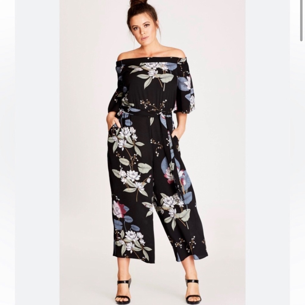 City Chic Blossom Off Shoulder Floral Wide Leg Belted Jumpsuit Oriental Print